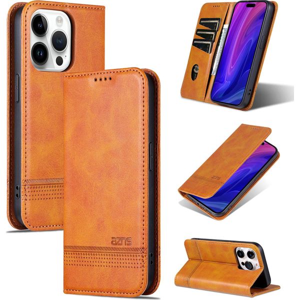 Custodia In Pelle Per Iphone 16 Pro Max, Custodia Pieghevole A Portafoglio Con Chiusura Magnetica E Supporto Giallo-image