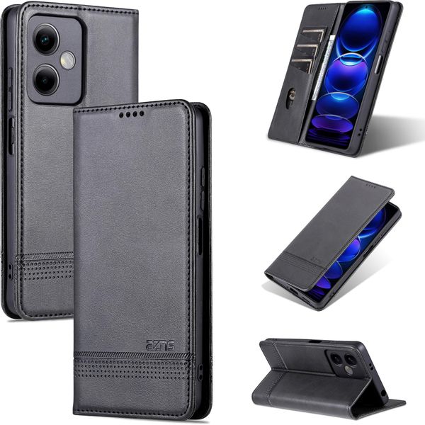 Custodia In Pelle Per Xiaomi Redmi Note 12 5G, Custodia Pieghevole A Portafoglio Con Chiusura Magnetica E Supporto Nero-image