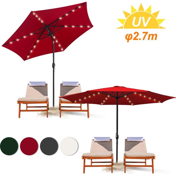 Tolletour Ombrellone Ø2,7M Incl. Led Ombrellone Da Giardino Girevole A 360° Ombrellone A Sbalzo Ombrellone Da Spiaggia - Con Led - Rosso-image