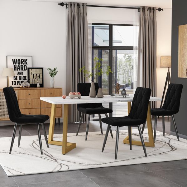 Set Da Pranzo Sweiko, (Set, 117×68 Cm Tavolo Da Pranzo Con 4 Sedie), Tavolo Da Pranzo Rettangolare Set Di Tavolo Da Cucina Moderno, Sedia Da Pranzo Nero Twill Velluto Sedia Da Cucina, Gambe Del Tavolo D'oro-image