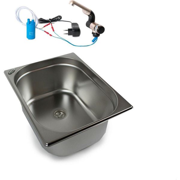 230V Lavello In Acciaio Inox 325X265X150 Mm Lavello Da Campeggio + Rubinetto Pompa Spina-image