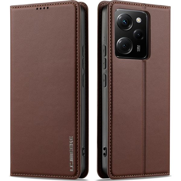 Custodia Magnetica In Pelle Flip Per Xiaomi Redmi Note 12 Pro 5G/Poco X5 Pro, Con Slot Per Schede E Funzione Stand Marrone-image