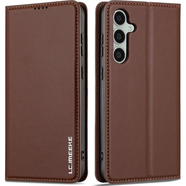 Custodia Magnetica In Pelle Flip Per Samsung Galaxy S25 Fe, Con Slot Per Schede E Funzione Stand Marrone-image
