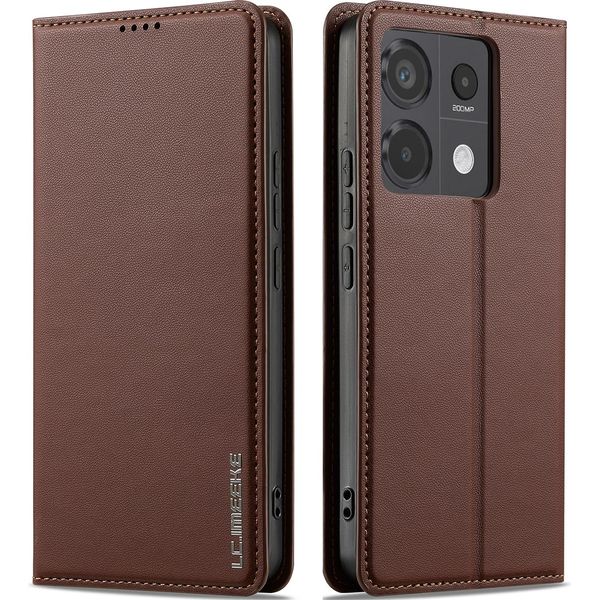Custodia Magnetica In Pelle Flip Per Xiaomi Redmi Note 13 4G, Con Slot Per Schede E Funzione Stand Brown-image