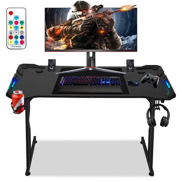 Clanmacy 140 X 60 Cm Scrivania Da Gioco Con Tappetino Per Mouse, Led, Scrivania Da Gioco, Scrivania Per Pc Scrivania Per Computer Con Gancio Per Cuffie Nero-image