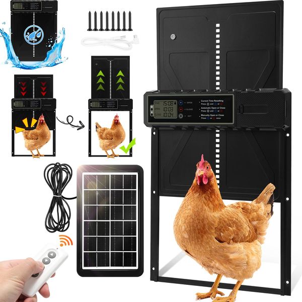 Clanmacy Porta Per Polli Automatica, Porta Per Polli In Alluminio Solare, Apriporta Elettrico, Con Timer, Protezione Anti-Trappola Intelligente E Telecomando-image