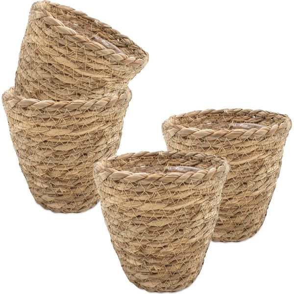 3.06 Cestino In Seagrass Rivestito Di Pellicola - Set Di 4 / Ciascuno Circa 14X12 Cm - Cestini Per Piante Piccole (Piccolo / 4)-image