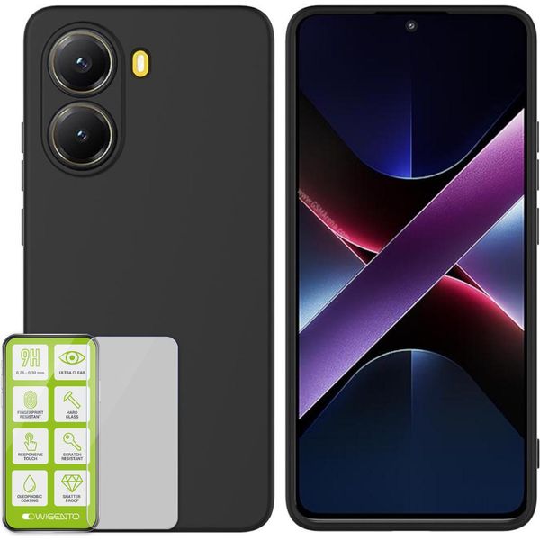 Per Xiaomi Poco X7 Pro 5G / Redmi Turbo 4 Custodia Protettiva In Silicone Tpu Per Cellulare Nero + Pellicola In Vetro Temperato H9-image