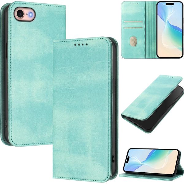 Custodia Per Iphone 6/7/8/SE 2020/Iphone Se 2022, Custodia In Pelle Vintage Con Protezione Rfid, Slot Per Carte, Supporto Turchese-image