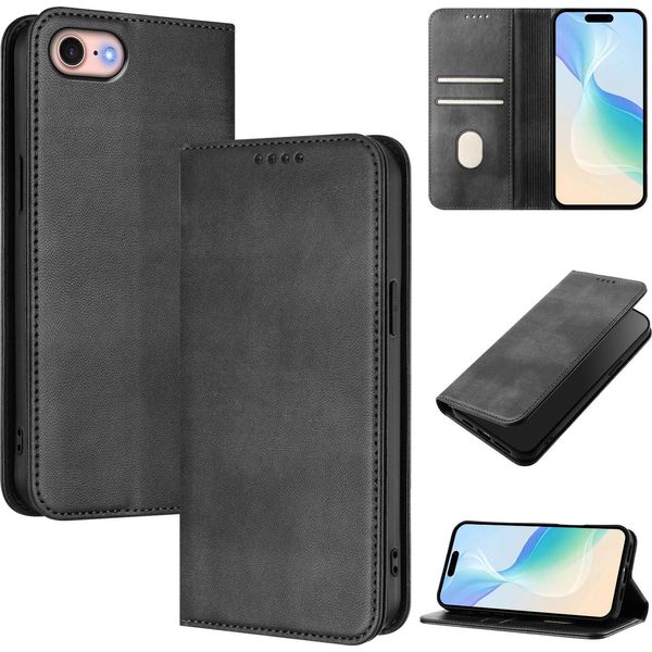 Custodia Per Iphone 6/7/8/SE 2020/Iphone Se 2022, Custodia In Pelle Vintage Con Protezione Rfid, Slot Per Carte, Supporto Nero-image
