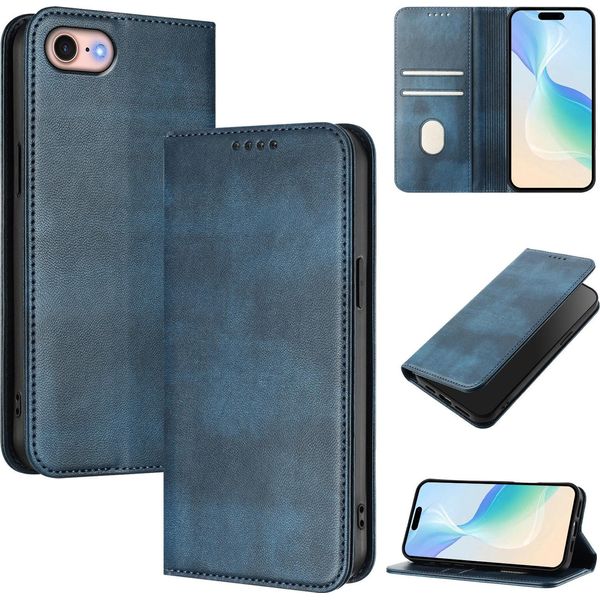 Custodia Per Iphone 6/7/8/SE 2020/Iphone Se 2022, Custodia In Pelle Vintage Con Protezione Rfid, Slot Per Carte Di Credito, Supporto Blu-image