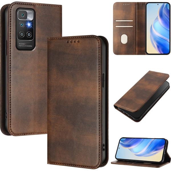 Custodia Per Xiaomi Redmi 10, Custodia In Pelle Vintage Con Protezione Rfid, Slot Per Schede, Supporto Marrone-image