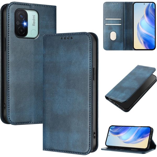 Custodia Per Xiaomi Redmi 12C, Custodia In Pelle Vintage Con Protezione Rfid, Slot Per Schede, Supporto Blu-image
