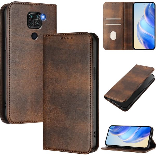 Custodia Per Xiaomi Redmi Note 9, Custodia In Pelle Vintage Con Protezione Rfid, Slot Per Schede, Supporto Marrone-image