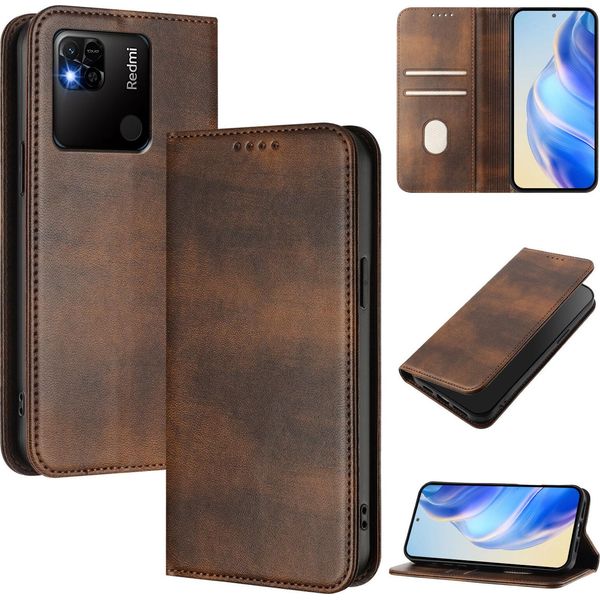Custodia Per Xiaomi Redmi 10A/Redmi 9C, Custodia In Pelle Vintage Con Protezione Rfid, Slot Per Schede, Supporto Marrone-image