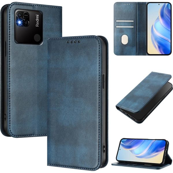 Custodia Per Xiaomi Redmi 10A/Redmi 9C, Custodia In Pelle Vintage Con Protezione Rfid, Slot Per Schede, Supporto Blu-image