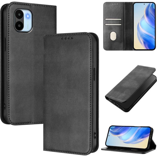 Custodia Per Xiaomi Redmi A1/Redmi A2, Custodia In Pelle Vintage Con Protezione Rfid, Slot Per Schede, Supporto Nero-image