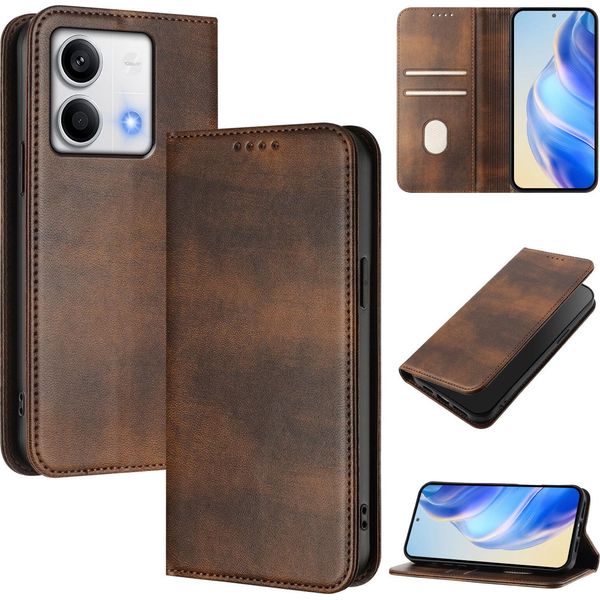 Custodia Per Xiaomi Redmi Note 13 5G, Custodia In Pelle Vintage Con Protezione Rfid, Slot Per Schede, Supporto Marrone-image
