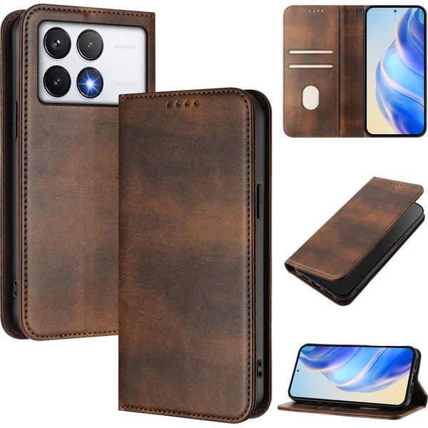 Custodia Per Xiaomi Poco F6 Pro/Redmi K70/K70 Pro, Custodia In Pelle Vintage Con Protezione Rfid, Slot Per Carte, Supporto Marrone-image