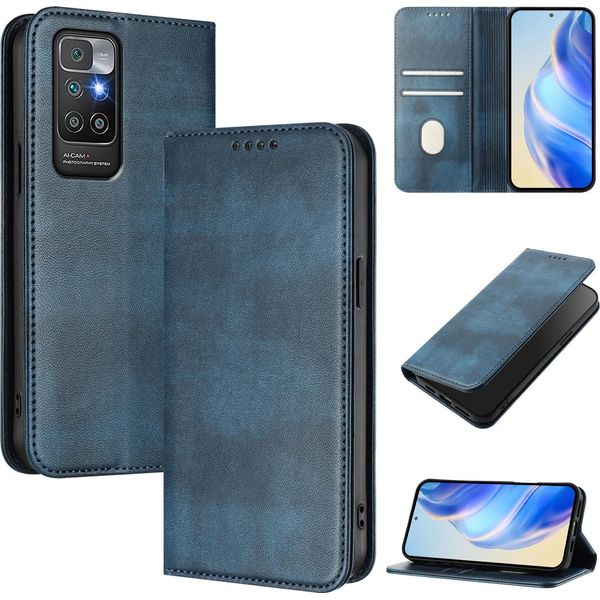 Custodia Per Xiaomi Redmi 10, Custodia In Pelle Vintage Con Protezione Rfid, Slot Per Schede, Supporto Blu-image