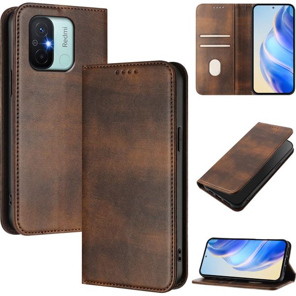 Custodia Per Xiaomi Redmi 12C, Custodia In Pelle Vintage Con Protezione Rfid, Slot Per Schede, Supporto Marrone-image