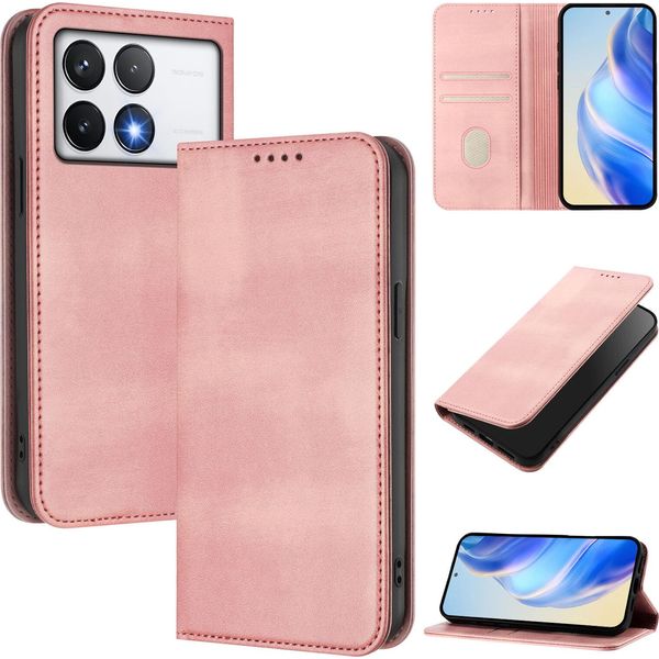 Custodia Per Xiaomi Poco F6 Pro/Redmi K70/K70 Pro, Custodia In Pelle Vintage Con Protezione Rfid, Slot Per Carte, Supporto Rosa-image
