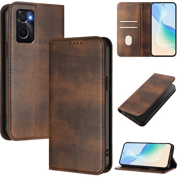 Custodia Per Oppo A36/A76/A96/K10 4G/Realme 9I 4G, Custodia In Pelle Vintage Con Protezione Rfid, Slot Per Carte, Supporto Marrone-image