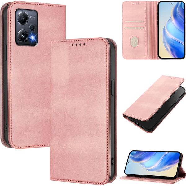 Custodia Per Xiaomi Poco X5/Redmi Note 12 5G, Custodia In Pelle Vintage Con Protezione Rfid, Slot Per Carte, Supporto Rosa-image