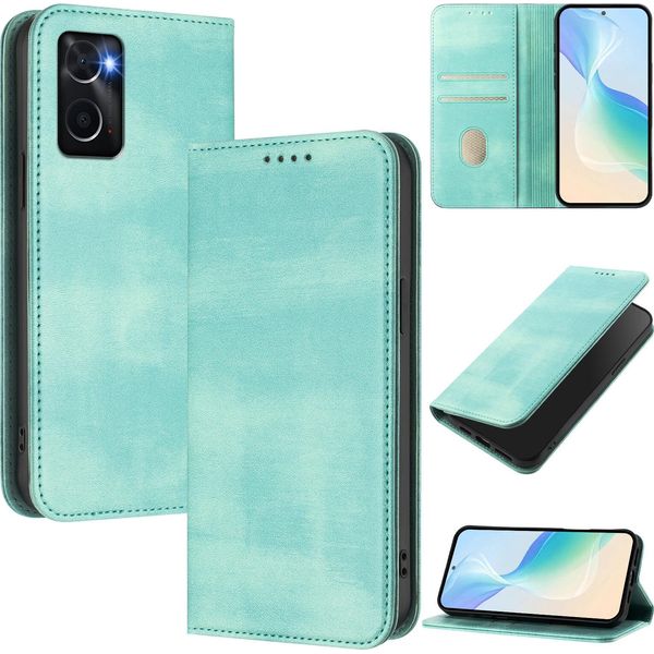 Custodia Per Oppo A36/A76/A96/K10 4G/Realme 9I 4G, Custodia In Pelle Vintage Con Protezione Rfid, Slot Per Carte, Supporto Turchese-image