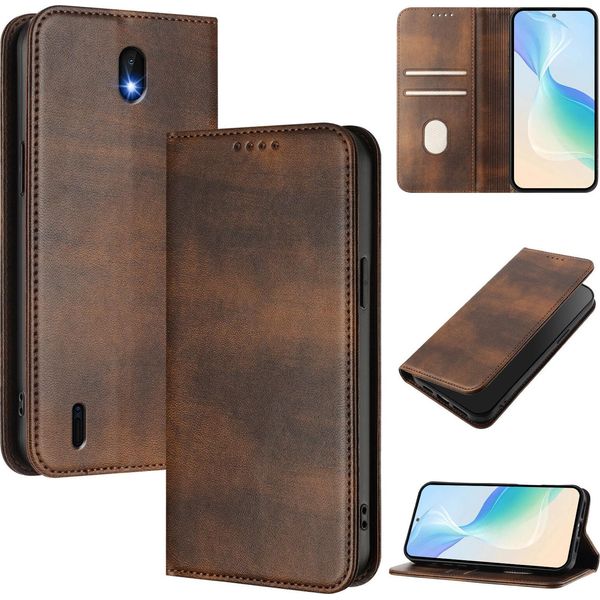Custodia Per Nokia C01 Plus/Nokia C1 2Nd Edition, Custodia In Pelle Vintage Con Protezione Rfid, Slot Per Schede, Supporto Marrone-image