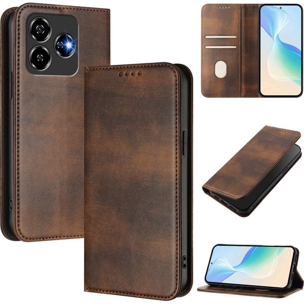 Custodia Per Zte Blade V60 Vita/V60 Design/Nubia V60 Design/Axon 60 Lite, Custodia In Pelle Vintage Con Protezione Rfid, Slot Per Schede, Supporto Marrone-image