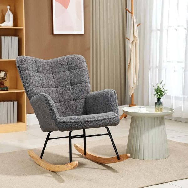 Poltrone Aiorber, Schienale Alto, Chaise Longue Imbottita, Piedini In Legno, Braccioli, Per Soggiorno, Sedia A Dondolo, 98X71X101Cm, Grigio Scuro-image