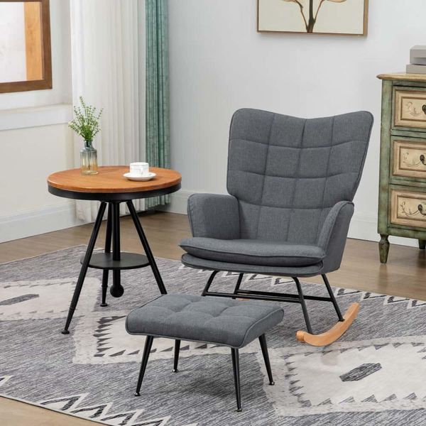 Sedia A Dondolo Aiorber Con Sgabello, Con Braccioli E Schienale Alto, Sedia Per Infermieri In Look Lino, Imbottita, Con Struttura In Legno Di Faggio, 64X89X90 Cm, Grigio-image