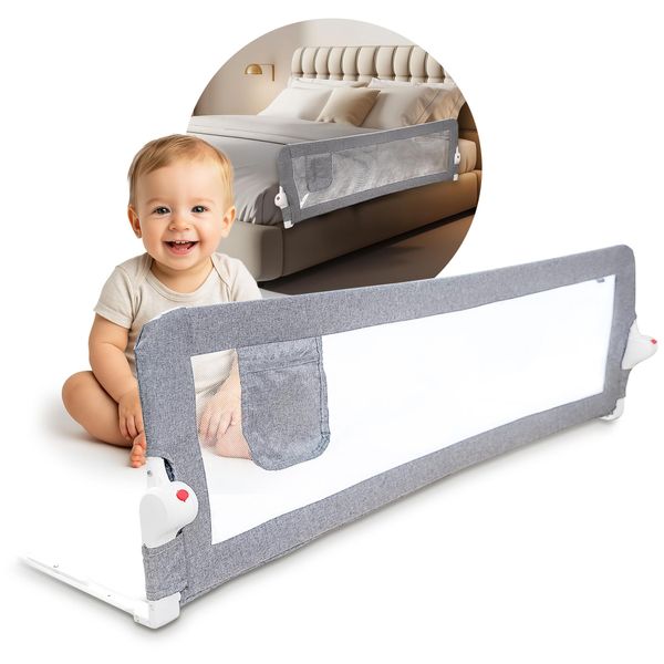 Sponda Del Letto Per Bambini Noomii, 150 Cm, Rete Traspirante, Pieghevole A 180°, Ancoraggio Rinforzato, Per Letti Queen, Double E King Size (Grigio)-image