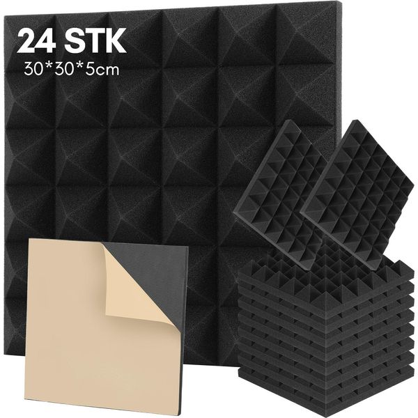 Bettizia 24 Pezzi Schiuma Acustica Tappetini Di Schiuma Acustica Piramide 30 X 30 X 5Cm Tappetini Di Isolamento Acustico Per Piastrelle Di Schiuma Efficace Nero-image