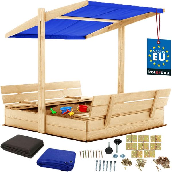 Kotarbau® Sabbiera Con Copertura 120 X 120 Cm Grande Sabbiera In Legno Di Colore Naturale Con Tetto Blu Sabbiera Con Copertura Sabbiera Con Tetto Gioco Da Giardino Per Bambini Impregnato Chiudibile A Chiave Con Panchine-image