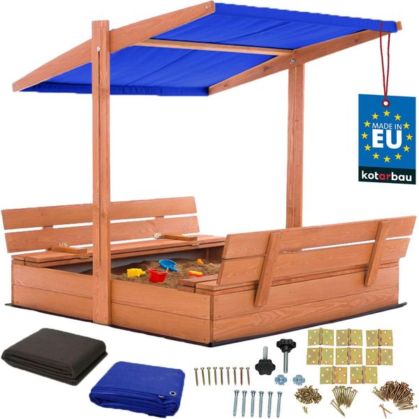 Kotarbau® Sabbiera Con Copertura 120 X 120 Cm Grande Sabbiera In Legno Marrone Con Tetto Blu Sabbiera Con Copertura Sabbiera Con Tetto Gioco Da Giardino Per Bambini Impregnato Chiudibile A Chiave Con Panchine-image