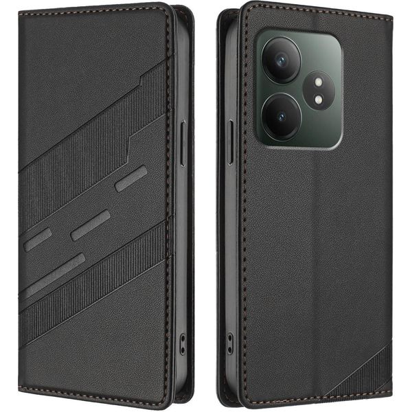 Custodia Per Realme Gt 6/Realme Gt 6T, Custodia A Portafoglio In Finto Cuoio Con Slot Per Carte E Funzione Stand Schwarz-image