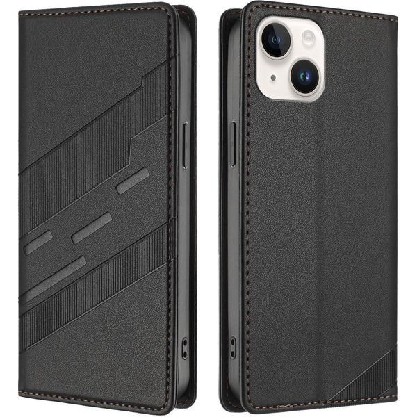Custodia Per Iphone 13 / Iphone 14, Custodia A Portafoglio In Finto Cuoio Con Slot Per Carte E Funzione Stand Schwarz-image