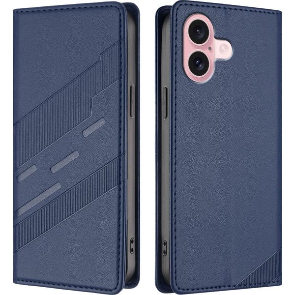 Custodia Per Iphone 16, Custodia A Portafoglio In Finto Cuoio Con Slot Per Carte E Funzione Stand Blau-image