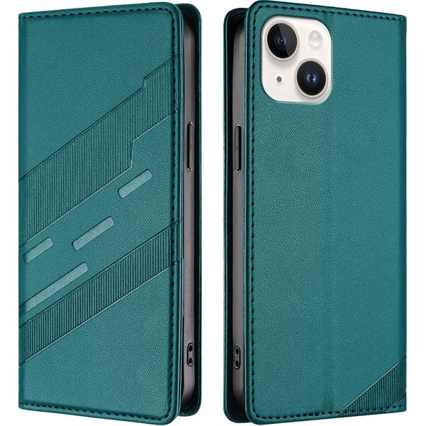 Custodia Per Iphone 13 / Iphone 14, Custodia A Portafoglio In Finto Cuoio Con Slot Per Carte E Funzione Stand GrüN-image