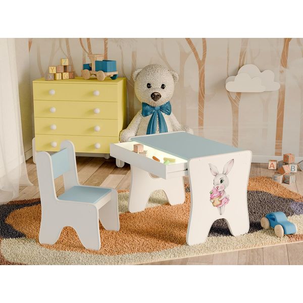 Happy Babies - Set Di Scrivania E Sedia Per Bambini, Tavolo Da Gioco Ergonomico Con Ampio Cassetto - Tavolo Da Gioco E Apprendimento Per Bambini - Mobili Per Bambini, Coniglio-image