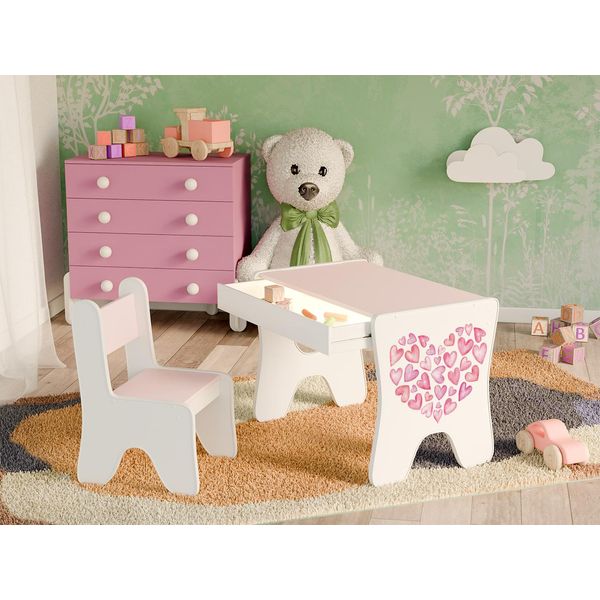 Happy Babies - Set Di Scrivania E Sedia Per Bambini, Tavolo Da Gioco Ergonomico Con Ampio Cassetto - Tavolo Da Gioco E Apprendimento Per Bambini - Mobili Per Bambini, Rose-image