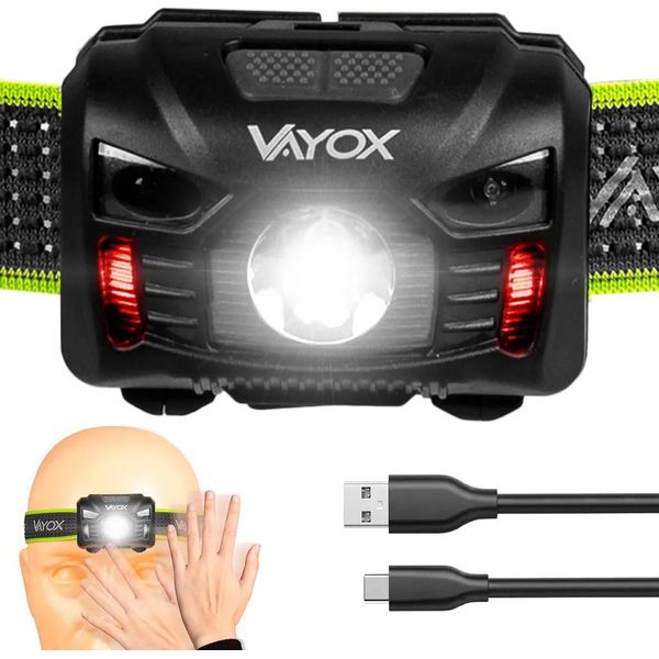 Vayox Lampada Frontale VA0020 Pro Series | 100Lm | XM-L + Cob | Gestures | 5 Modalità | USB-C | Nero-image
