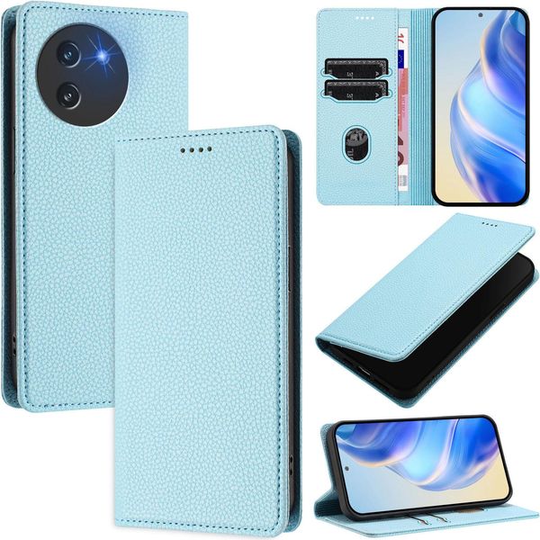 Custodia In Pelle Per Doogee Note 59 / Note 59 Pro, Pelle Litschi, Custodia A Portafoglio Con Slot Per Carte E Supporto Blu Chiaro-image