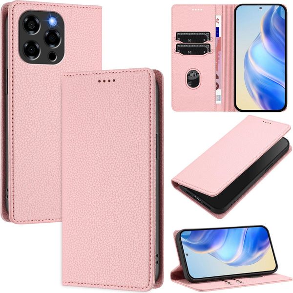 Custodia In Pelle Per Doogee Note 58 / Note 58 Pro, Pelle Litschi, Custodia A Portafoglio Con Slot Per Carte E Supporto Rosa-image