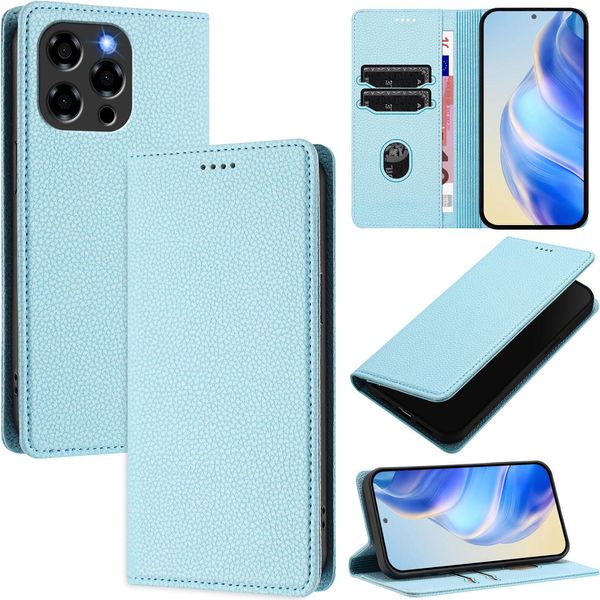 Custodia In Pelle Per Doogee Note 58 / Note 58 Pro, Pelle Litschi, Custodia A Portafoglio Con Slot Per Carte E Supporto Blu Chiaro-image