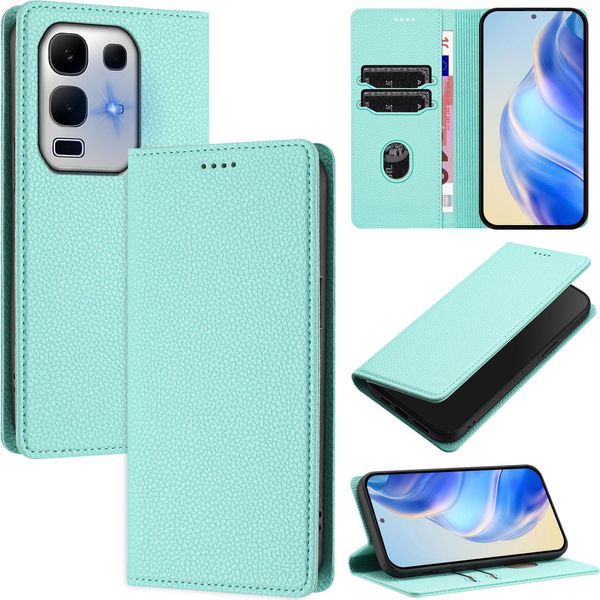 Custodia In Pelle Per Infinix Note 50X, Pelle Litschi, Custodia A Portafoglio Con Slot Per Carte E Supporto Turchese-image