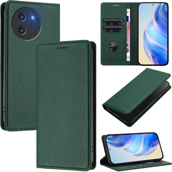Custodia In Pelle Per Doogee Note 59 / Note 59 Pro, Pelle Litschi, Custodia A Portafoglio Con Slot Per Carte E Supporto Verde-image