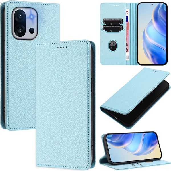Custodia In Pelle Per Oneplus 13T, Pelle Litschi, Custodia A Portafoglio Con Slot Per Carte E Supporto Blu Chiaro-image